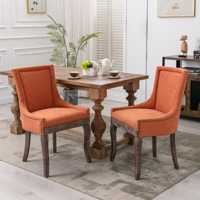 Modern Dining Chairs Set of 2, Fabric Upholstered High Back Chairs with Nailhead Trim and Curved Solid Wood Legs, Sillas De Comedor Accent Chairs for Dining Room, Orange
