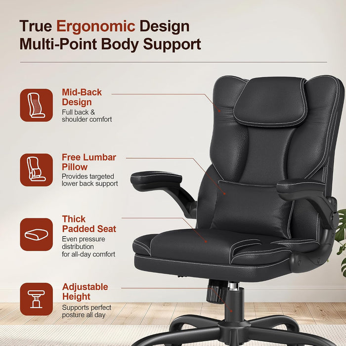 Ergonomic Office Chair Leather Desk Chair with Lumbar Support Flip up Arms