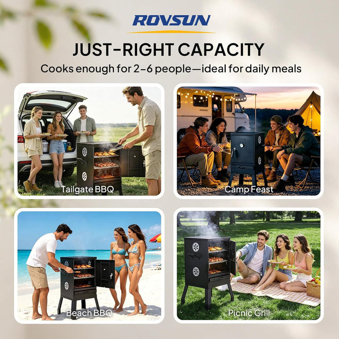 2-In-1 Outdoor Smoker with Door, Vertical Portable Charcoal Grill with Two Detachable Grill Smoking Racks and Charcoal Pan, Perfect for Camping Barbecue, Small Families, Black