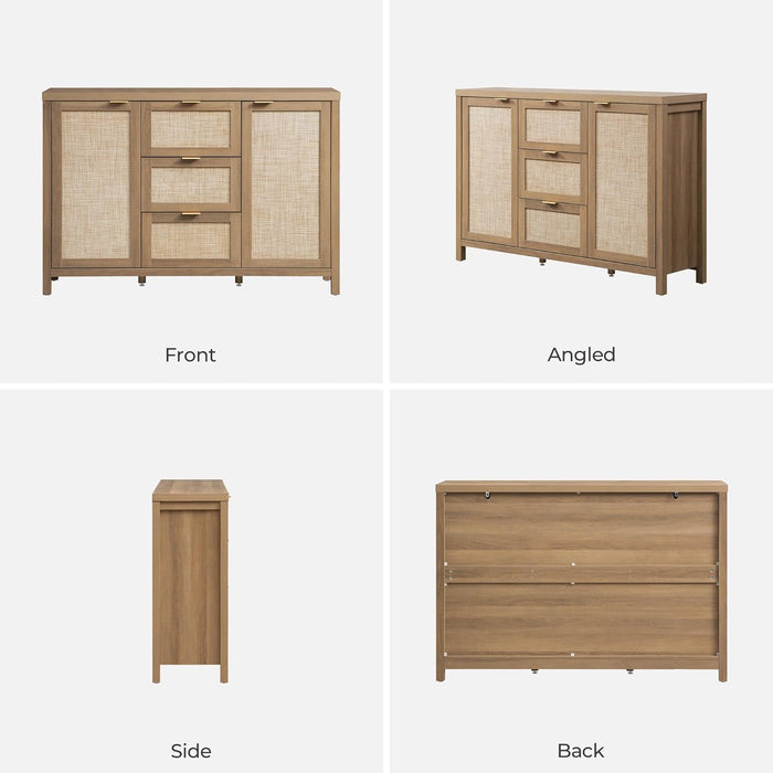 Rattan Large Sideboard Buffet Cabinet with Storage - Farmhouse Boho Coffee Bar Storage Cabinet with 3 Drawers and 2 Doors, Tall Credenza for Living Room, Kitchen, Caramel Oak (2 Pieces)