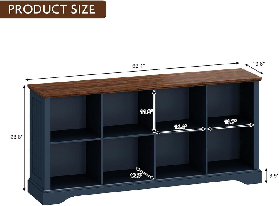 8 Cube Storage Organizer - 62" Long Horizontal Low Bookshelf,Farmhouse Wide Bookcase Open Shelf Wood Cubby Storage Console Cabinet for Living Room, Entryway, Office, Navy Blue