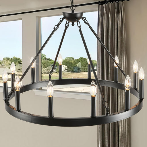 Black Wagon Wheel Chandelier 32Inch 12Light Industrial