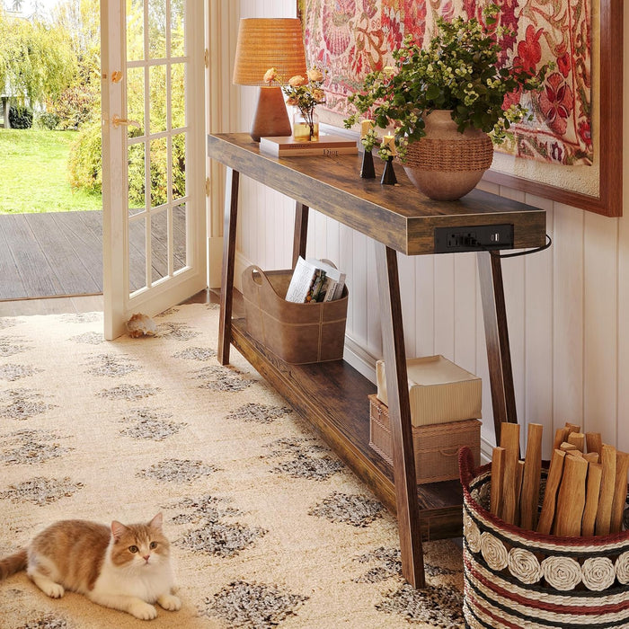 Console Table with Charging Station, USB-C Port, 2 Tiers Entryway Table, 53.9 Inch Sofa Table with Metal Legs, Entry Hallway Table with Thicker Desktop, Modern behind Couch Table, Rustic Brown