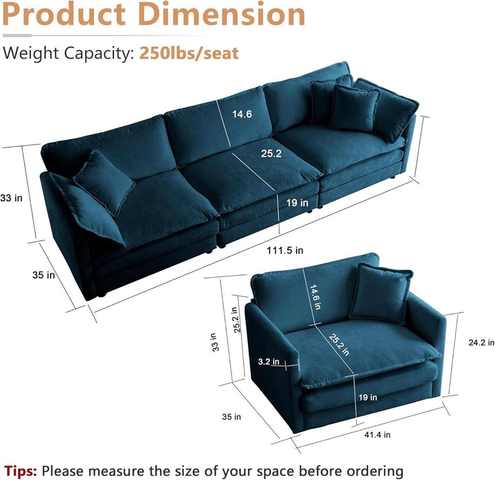 Luxury 3 Piece Sofa Set, 2 Pieces of Single Sofa and 1 Piece of 3 Seater Sofa, Modern Chenille Comfy Cloud Couches Set with 7 Pillows for Living Room Office, Blue