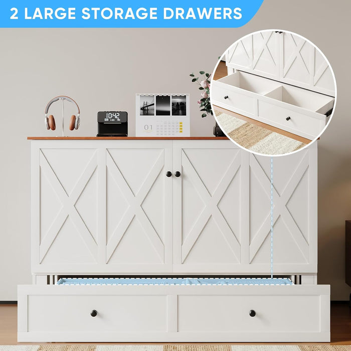 Queen Murphy Bed with USB Charging Station & 2 Storage Drawers, Hidden Folding Chest Cabinet Bed with Tri-Fold Mattress, Space Saving Wall Beds for Bedroom Guest Room Living Room-White