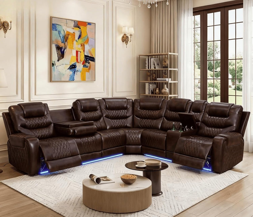 Power Recliner Sectional Sofa with LED Lighting, Breathing Leather Corner Couch with USB Port and Storage Console, Cup Holders– Home Theater & Living Room Seating (Brown)