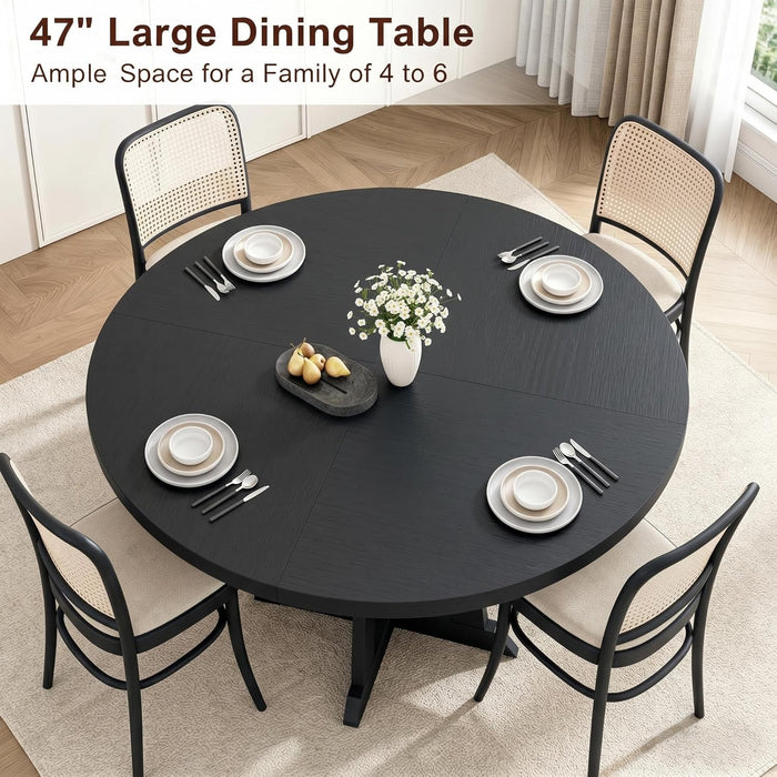 round Dining Table for 4, 47 Inches Dining Room Table with Wooden Base, Kitchen Table with Circle Tabletop, Dinner Table for Dining Room, Kitchen, Living Room, Black