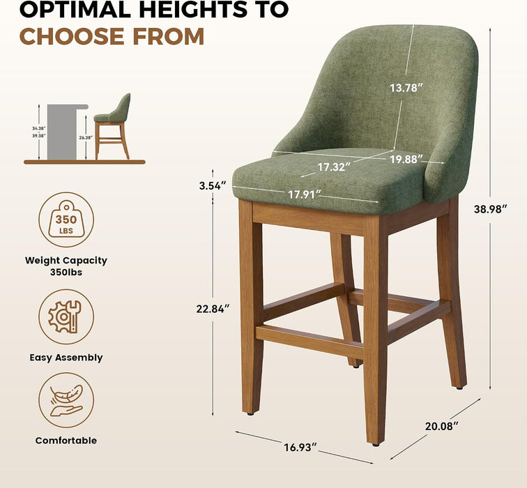 Bar Stool Set of 2, 26" Upholstered Counter Height Stools | Comfortable Chenille Fabric Barstool, Solid Wood Legs and Footrest, Bar Chair with Back for Kitchen Island, Green