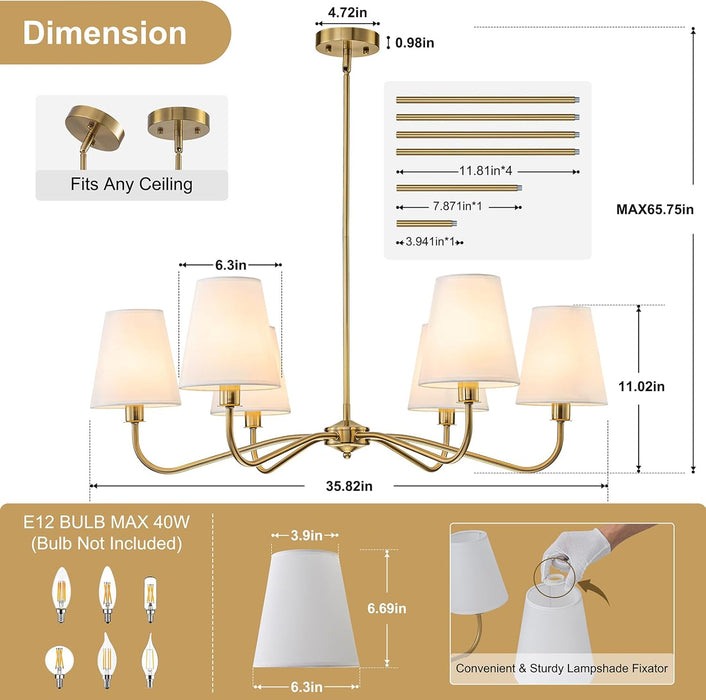 36-Inch Goldtone Brass Chandelier With Fabric Shade
