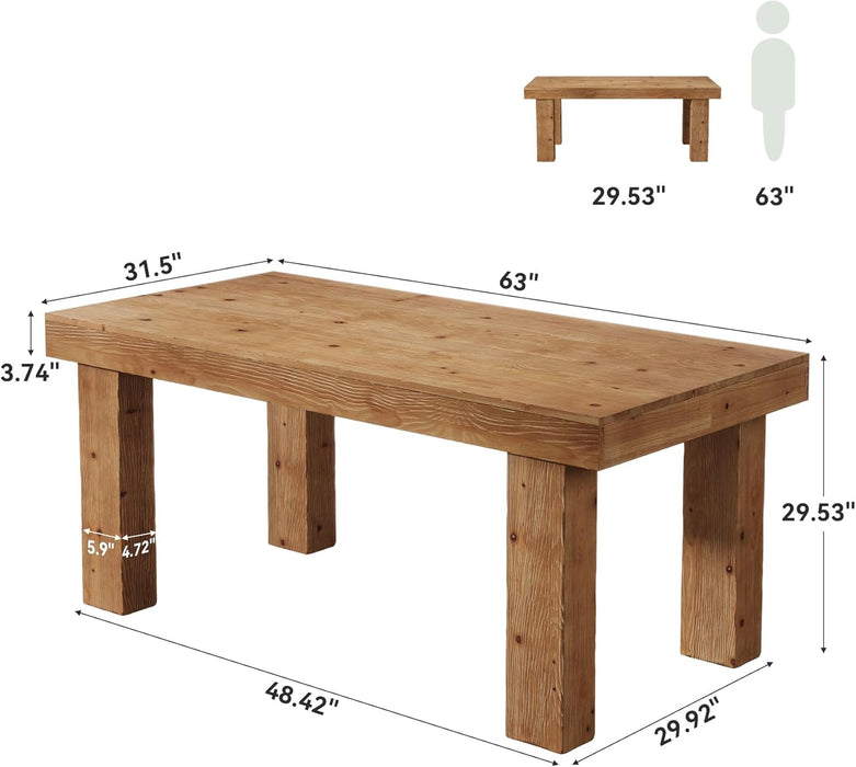 Solid Wood Dining Table for 4-6, 63-Inch Farmhouse Kitchen Table with Heavy Duty Legs, Wooden Rectangular Dinner Tables for Kitchen & Dining Room, Light Brown