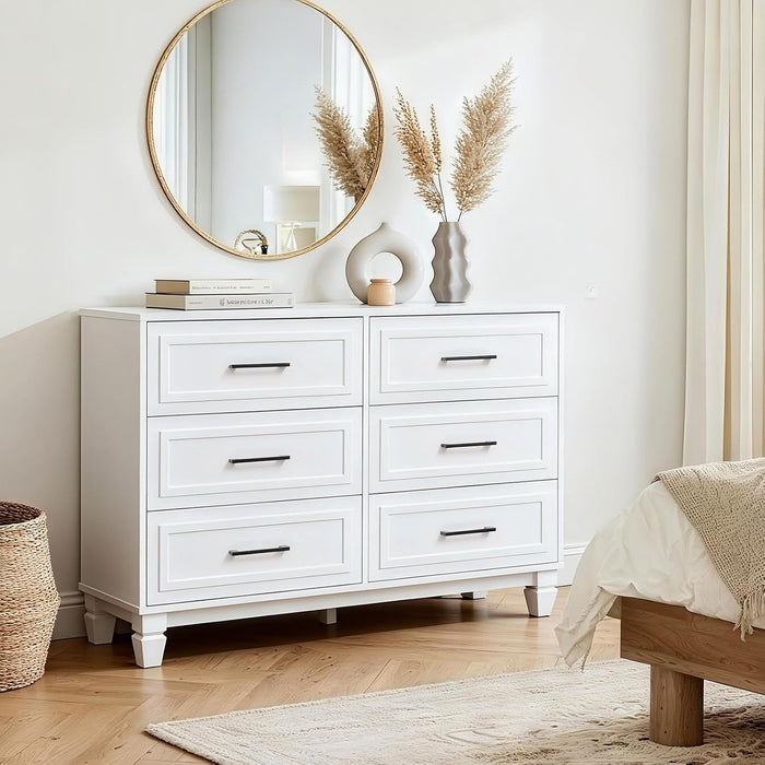 White Dresser for Bedroom, 6 Drawer Kids Dresser, Wood Chest of Drawers