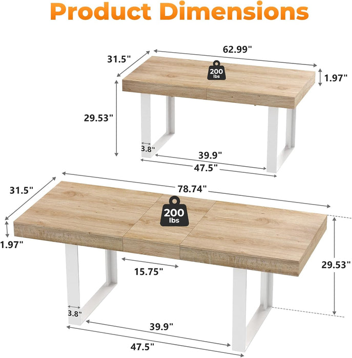 63"-78.7" Extendable Dining Table for 6-8, Farmhouse Kitchen Table | Rectangular Expandable Dining Room Table with U-Shaped Legs Wooden Dinner Table for Kitchen Office Living Room-Oak