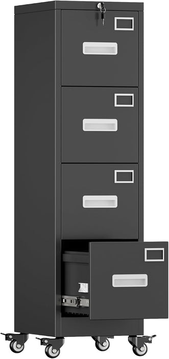 4 Drawer Metal File Cabinet with Lock and Wheels, Black