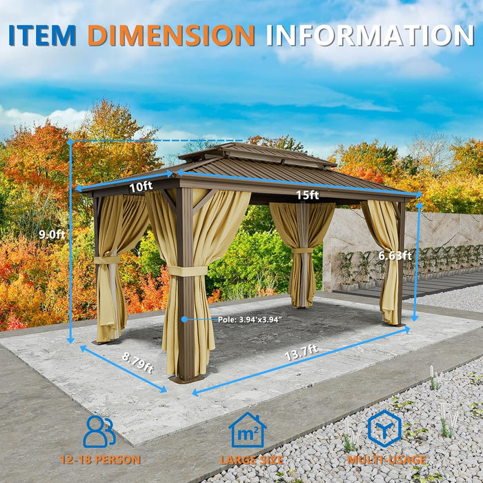10X15 Hardtop Gazebo on Clearance with Heavy Duty Galvanized Steel Metal Roof, Patio Hard Top Gazebo with Curtains & Netting,Outdoor Permanent Hot Tub Gazebo Pavillon for Backyard,Deck,Brown