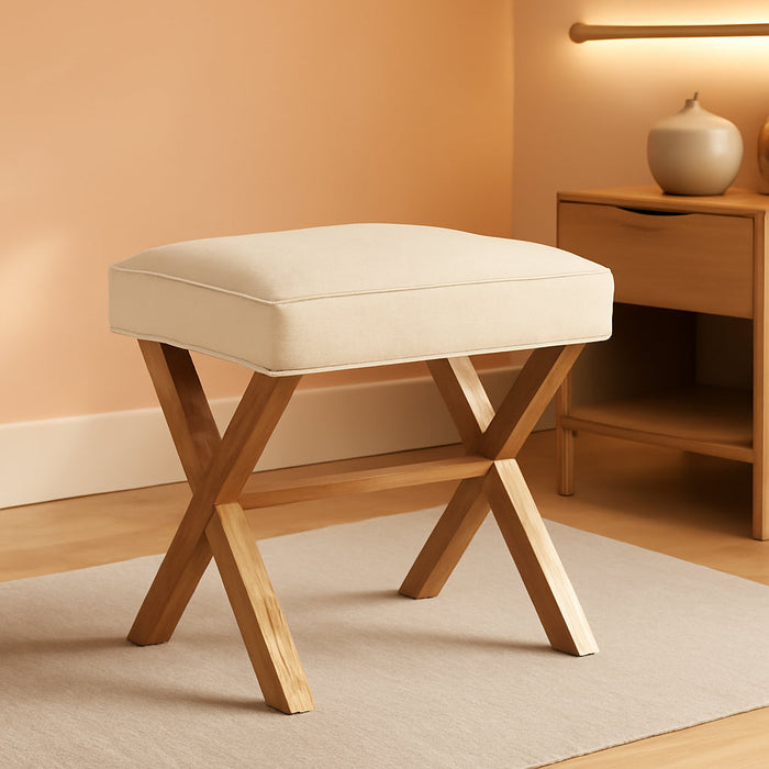 Small Ottoman Foot Rest, Mid-Century Modern X Square Polyester Foot Stool, Linen, Ivory White, 18"D X 19.8"W X 18.3"H