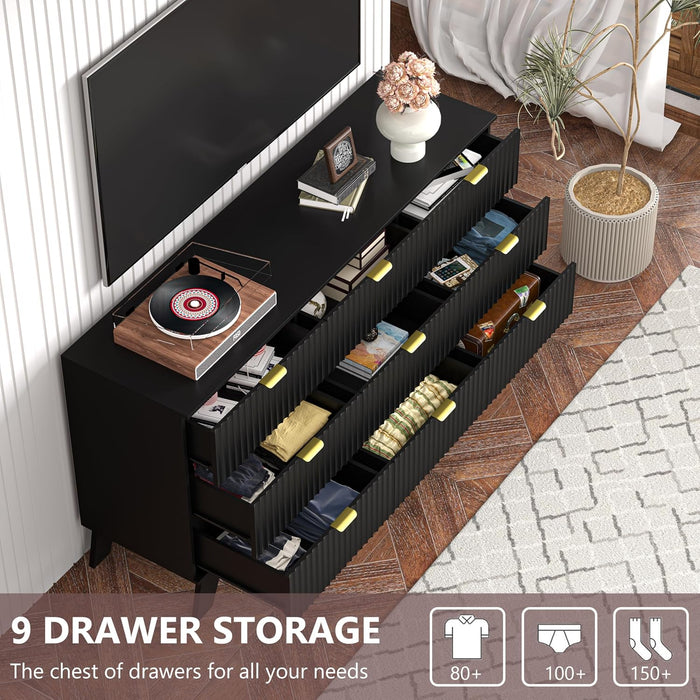 Black Dresser 9 Drawer Dresser for Bedroom, 57''Wide Fluted Wooden Dresser Storage Cabinet and Chest of Drawers with Metal Handle, Storage Organizer for Living Room, Hallway, Entryway