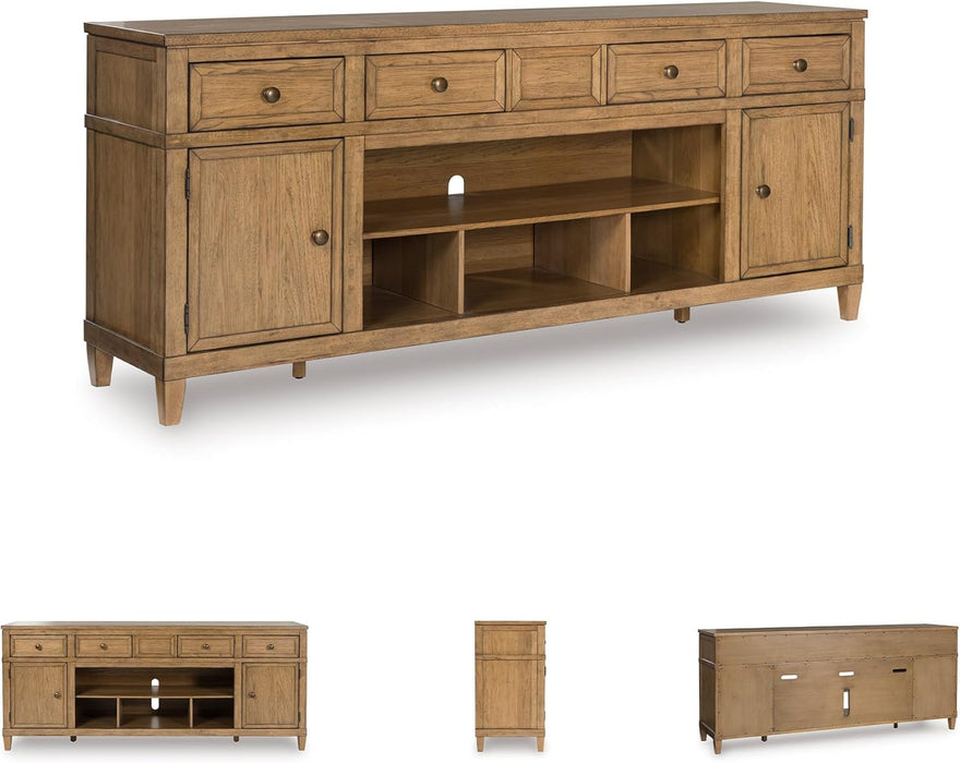 Sharlance Farmhouse 81" TV Stand for Tvs up to 93" with Adjustable Shelves and Wire Management, Light Brown