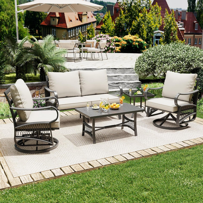 5-Piece Patio Conversation Set, Swivel Chairs Loveseat Khaki