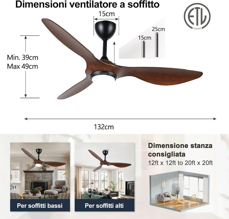 52" Ceiling Fan with Light, Quiet Reversible DC Motor, Smart Control