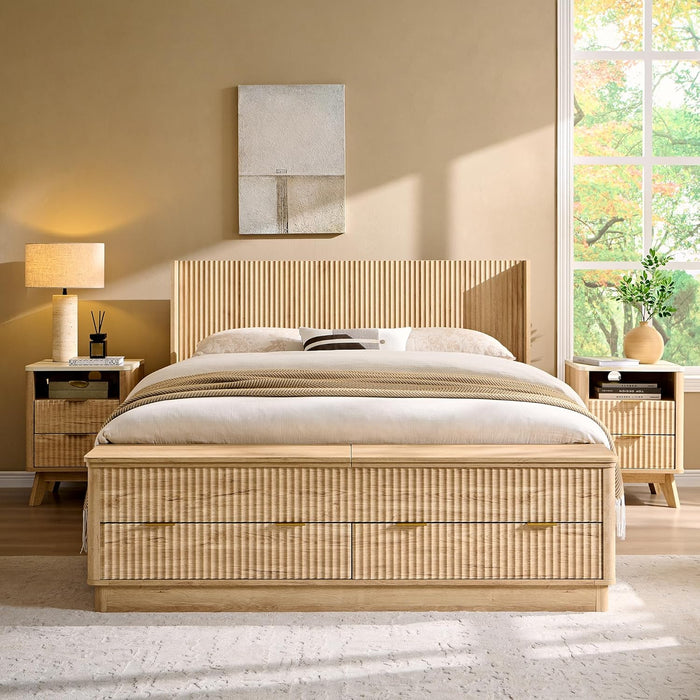 Fluted Queen Size Bed Frame with Wingback Headboard, Footboard Storage Bench with Built-In Drawers & Lift-Up Compartments, Wood & Steel Platform Bed, No Box Spring Needed, Natural Oak
