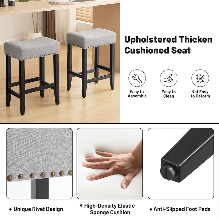 Bar Stools Set of 2,25.7 Inch Counter Height Bar Stools,Upholstered Kitchen Barstools with Solid Wooden Legs, Linen Saddle Stools for Kitchen Island, Bar, Cafe, Grey