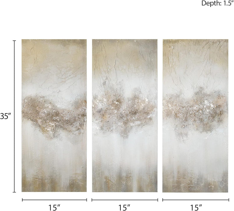 Wall Art Living Room Décor - Embellished Hand Painted Canvas, Home Accent Glitter Abstract Bathroom Decoration Ready to Hang Painting for Bedroom, 15"W X 35"H X 1.5"D, Taupe 3 Piece
