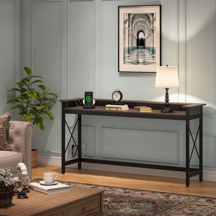 Sofa Table with Outlets and USB Ports, 70.9 Inch Extra Long Console Table behind Couch with Charging Station, Industrial Narrow Entryway Hallway Accent Table for Living Room