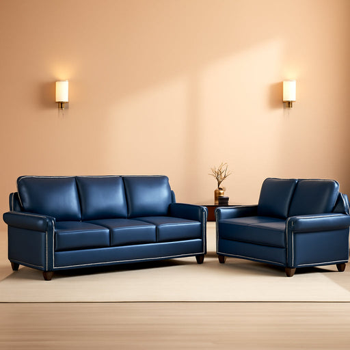 2-Piece Comfy Upholstered PU Leather Sofa Couch Set, Mid-Century Modern Loveseat Sofa+3 Seater Couch with Storage Space for Living Room, Furniture Set, Navy Blue
