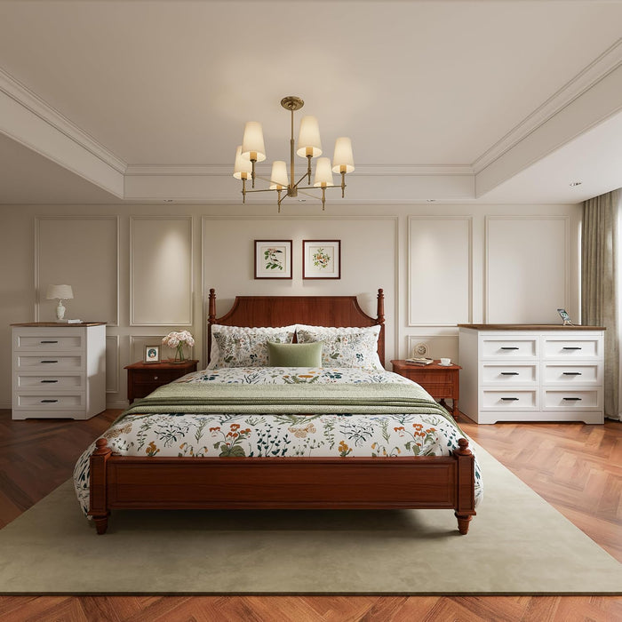 Farmhouse Dresser for Bedroom 6 Drawers Dresser with Power Outlets Rustic Chest of Drawers with Natural Texture White Organizer for Living Room Hallway