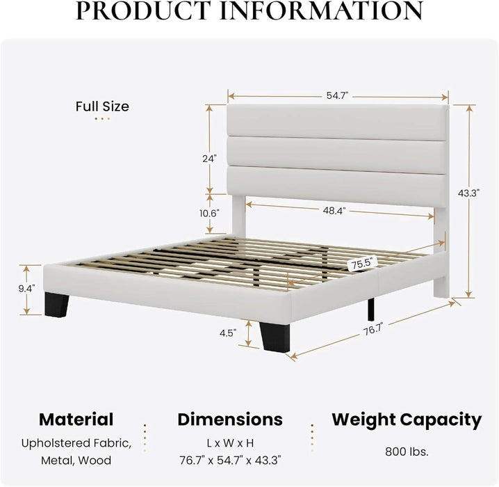 Full Platform Bed Frame with Velvet Upholstered Headboard, Mattress Foundation with Strong Wooden Slats Support, No Box Spring Needed, White