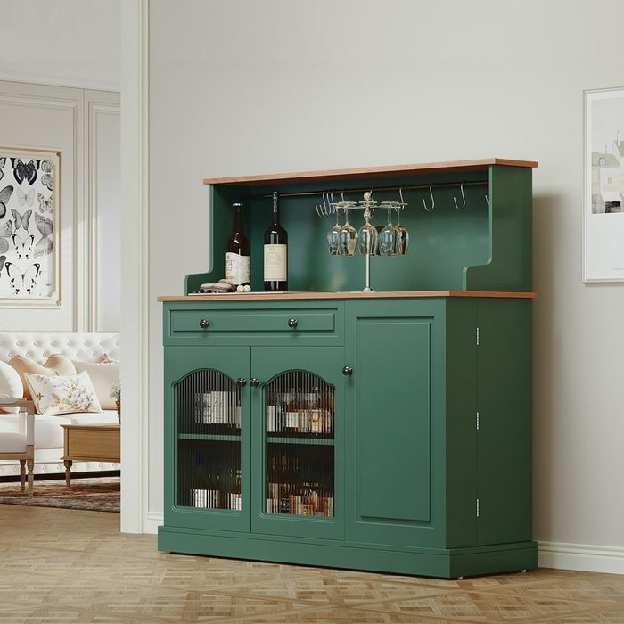 Farmhosue Coffee Bar Cabinet with Hutch - 48” Morden Buffet Cabinet with Drawer Storage and Glass Doors,Wine Bar Table with Adjustable Shelves for Living Dining Room,Green