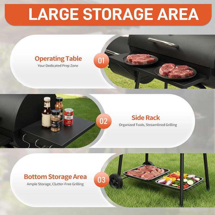 Charcoal Grill with Offset Smoker, Barrel Barbecue Smoker Grill with Spacious Cooking Area for BBQ, Backyard Patio Picnic Parties Camping, Black