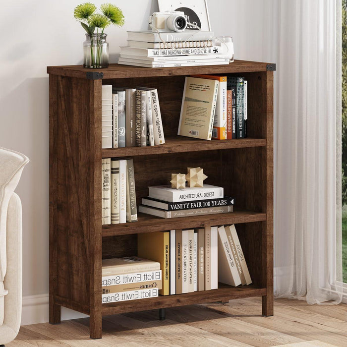 Rustic Short Bookshelf, 3 Shelf Bookcase, Small Wood Low Book Cases/Shelves, Farmhouse Storage Tier Book Shelves for Home Office, Living Room, Small Space (Rustic Oak)