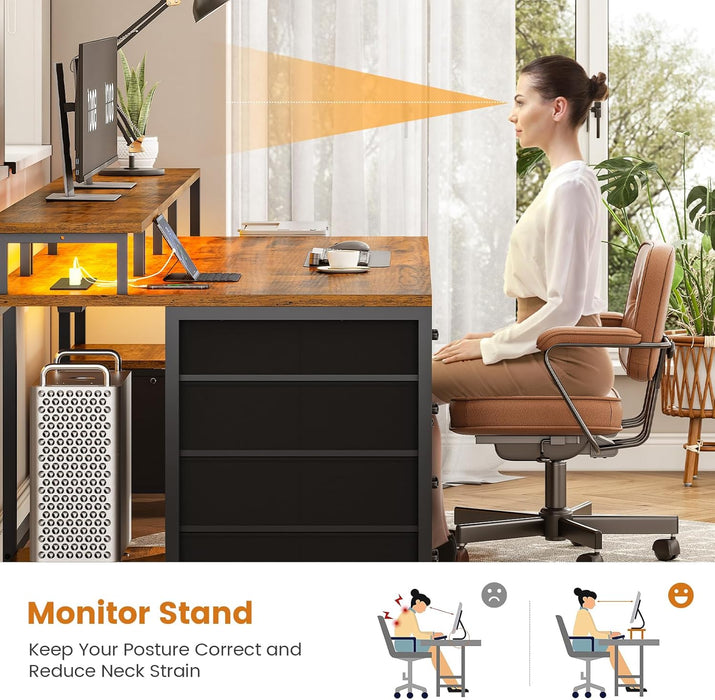 Home Office Desk with File Drawer & Power Outlet, 75'' Large Computer Desk with 5 Drawer, Storage Shelves, Monitor Shelf and Led Lights, 23.6" W Desktop Gaming Desk, Rustic Brown