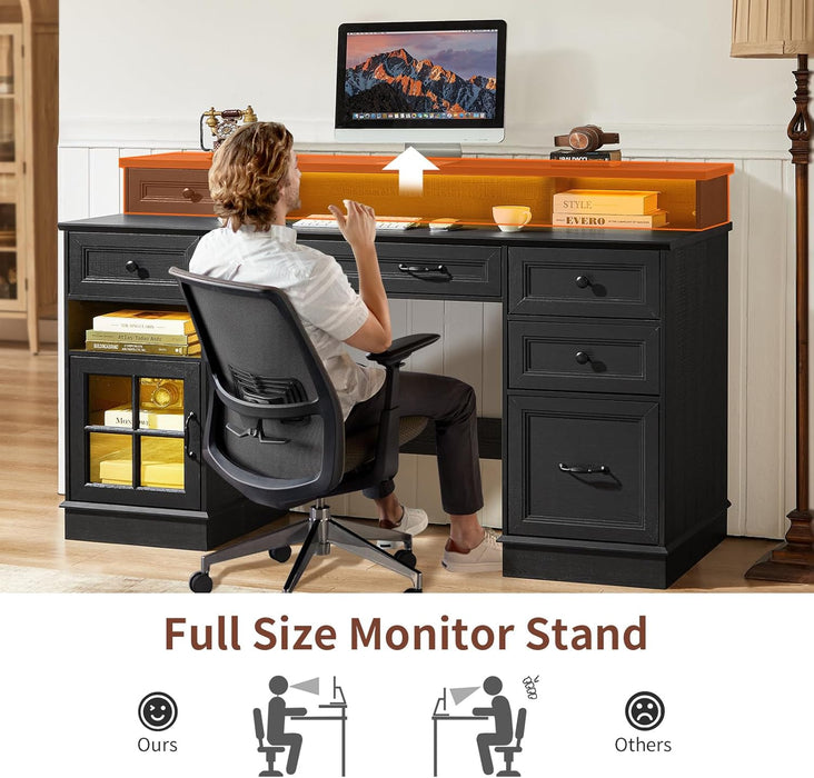 Farmhouse Executive Desk with Drawers Computer Desk with File Drawers, Power Outlet and Led Lights, Executive Office Desk with Storage Cabinet and Monitor Shelf for Home Office, Black