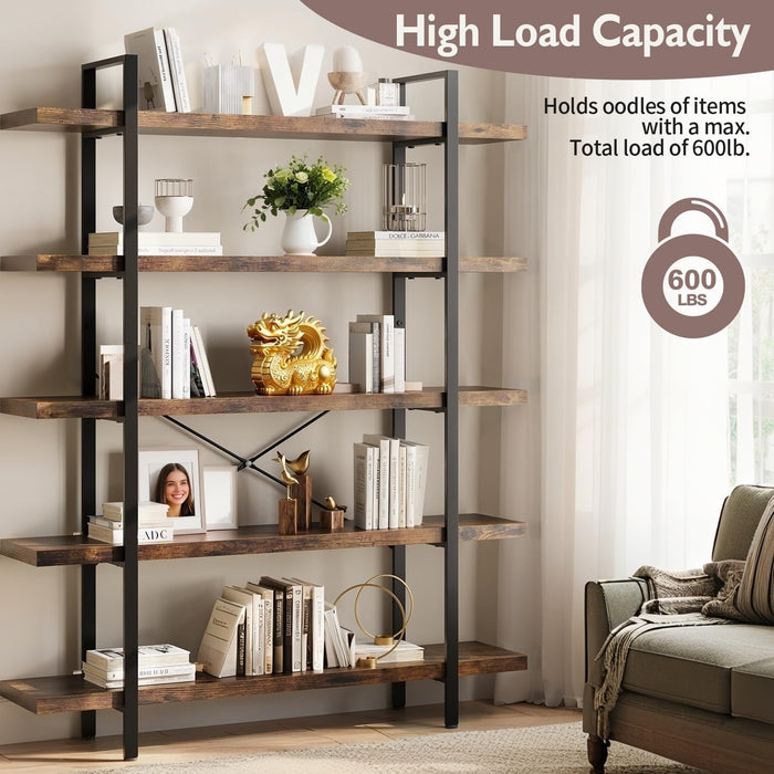 5-Tier Industrial Bookcase, 47 Inch Wide Wood Bookshelf, 120Lbs Shelf Capacity, Rustic Open Shelving Heavy Duty Display with Reinforced Horizontal Brown Shelves for Living Room Bedroom Office