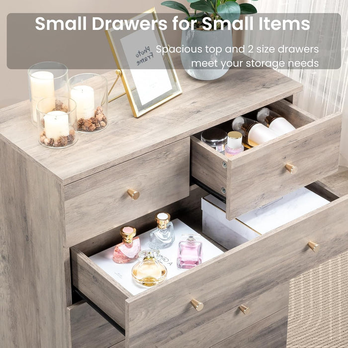 Grey 5 Drawer Dresser for Bedroom, Modern Wood Dresser Chest of Drawers, Rustic Bedroom Dressers Clothes Organizer, Anti-Tipping Device, Rose Gold Metal Handle, Living Room, Entryway, Office