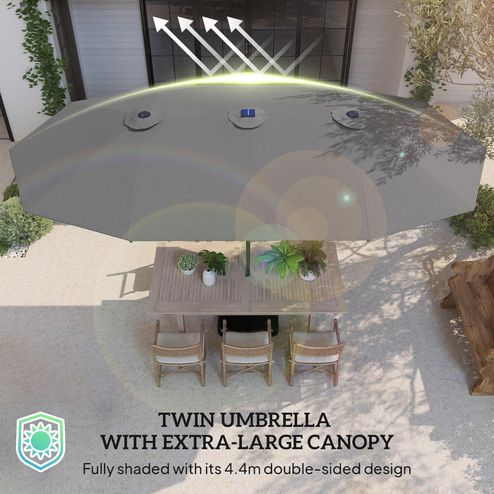 14.4Ft Large Patio Umbrella with 36 Solar LED Lights, Double Sided Outdoor Umbrella with Base Included