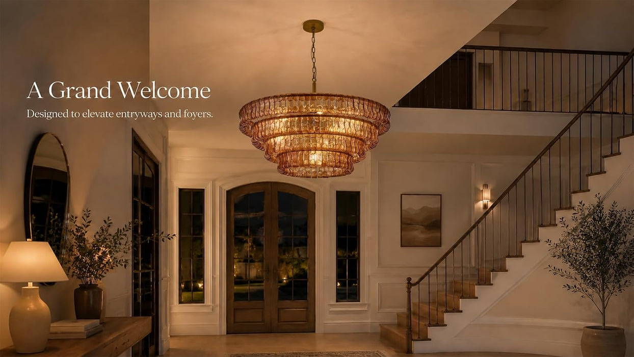 40 Inch Modern round Amber Crystal Glass Chandelier, Large 4-Tier 10 Lights Gold Luxury Hanging Light Fixture, for Dining Room, Kitchen Island, Living Room, Entryway (Included E12 Bulbs)