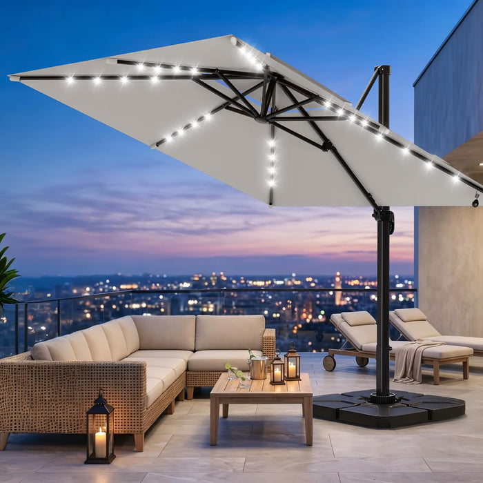 10×10FT Solar LED Cantilever Umbrella with Base Included, Double-Top Outdoor Patio Offset with 360 Degree Rotation, round Offset Hanging Umbrella for Garden Deck Pool, Light Grey