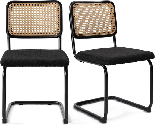 Modern Cesca Cane Dining Chairs, Set of 2, Handwoven Rattan Cane Back, Chrome Base, Upholstered Boucle Seat, Ideal for Kitchen or Dining Room, Black