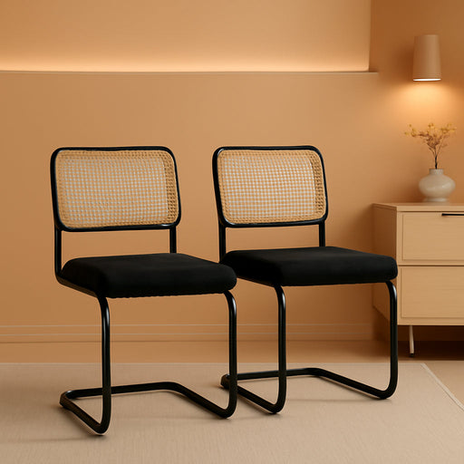 Modern Cesca Cane Dining Chairs, Set of 2, Handwoven Rattan Cane Back, Chrome Base, Upholstered Boucle Seat, Ideal for Kitchen or Dining Room, Black