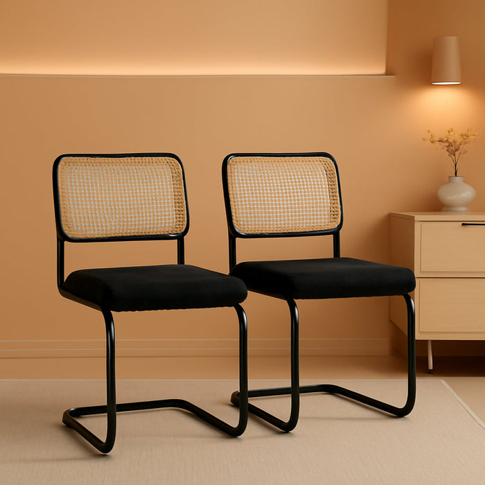 Modern Cesca Cane Dining Chairs, Set of 2, Handwoven Rattan Cane Back, Chrome Base, Upholstered Boucle Seat, Ideal for Kitchen or Dining Room, Black