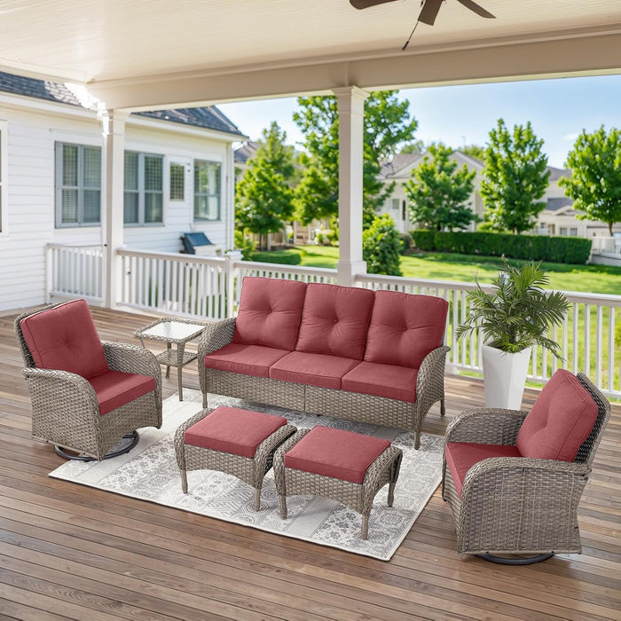 5 Pieces Wicker Patio Furniture Set - Swivel Rocker Outdoor Chairs with Ottomans and Side Table, Small Patio Conversation Set for Porch Deck Backyard Red
