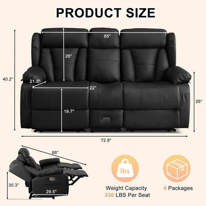 Loveseat Recliner Sofa, RV Recliner Couch, Manual Reclining Loveseat with Console for Living Room, Home Theater Seating with AC/USB C/USB and Drawer (Black, Loveseat with Console)