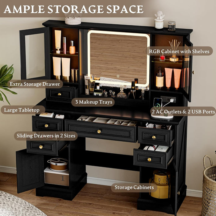 Vanity Desk with HD Lighted Mirror & Power Outlet, Farmhouse Makeup Vanity Table Set with Storage Drawers & RGB Cabinets, Large Dressing Table with 3 Lighting Modes for Women Girls Kids Bedroom, Black