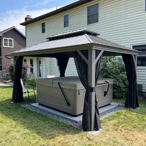 12 Ft. X 14 Ft. Light Gray Aluminum Power-Coated Frame Galvanized Steel Double Roof Hardtop Gazebo,Hooks Netting Curtain