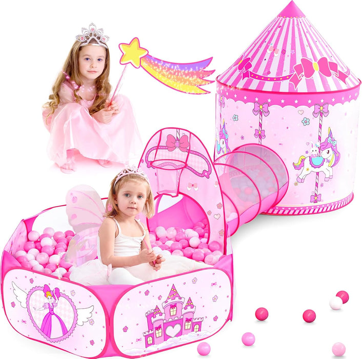 3 in 1 Girls Princess Play Tent for Kids: Pop up Toddlers Playhouse with Baby Crawl Tunnel, Ball Pit and Castle Tent - Pink Children Play Tent Toys Indoor and Outdoor Game for Birthday Gift