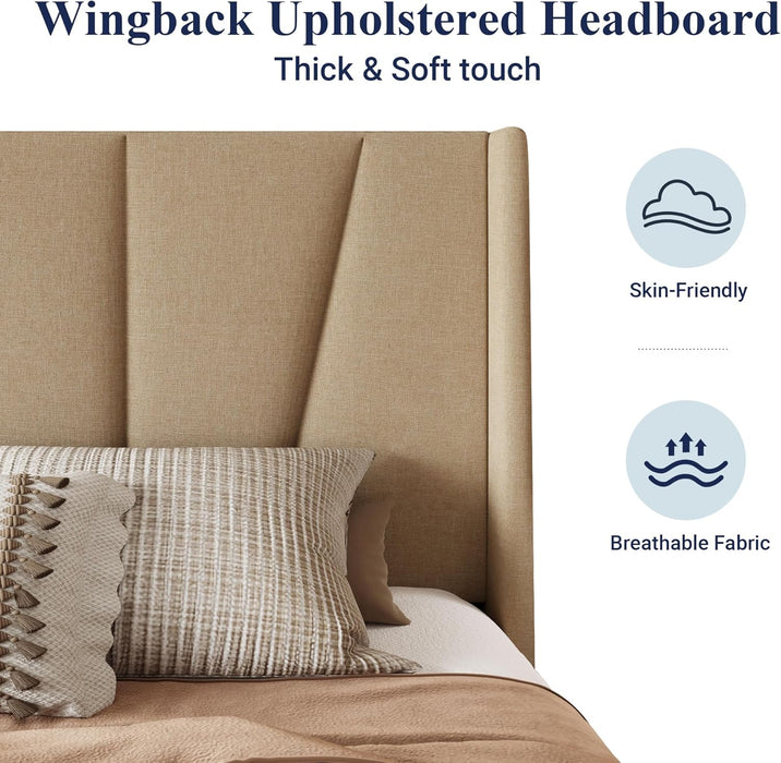 King Size Platform Bed Frame with Geometric Wingback Headboard, Boho Upholstered Bed with Wooden Slats Support, No Box Spring Needed, Easy Assembly, Beige