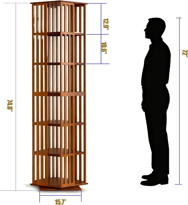 Rotating Bookshelf Tower– 6 Tier 360° Bamboo Spinning Bookshelf | Space-Saving Floor Standing Square Revolving Bookcase for Small Space, Home Offices & Reading Corners | Walnut